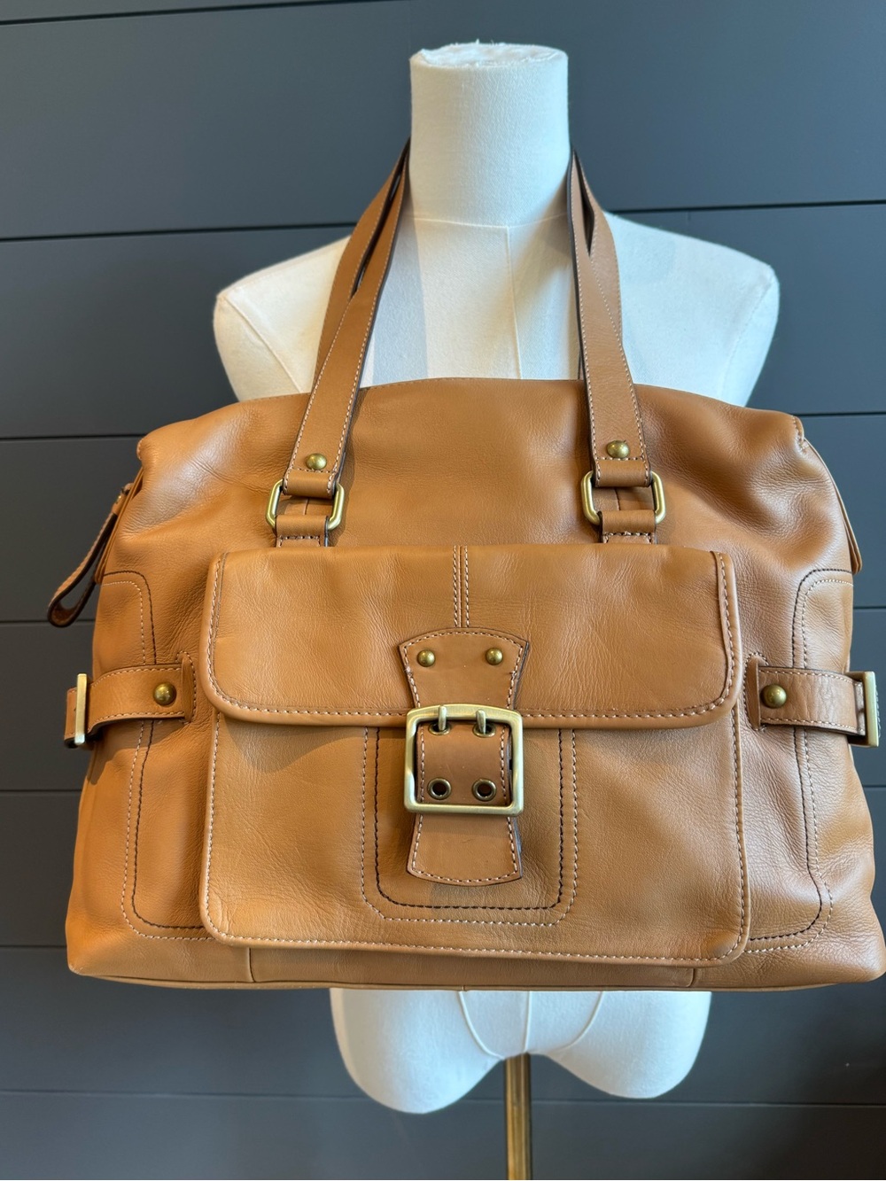 Franklin Covey Camel Tan Leather Shoulder Organizer Work Bag Y2K Academia
